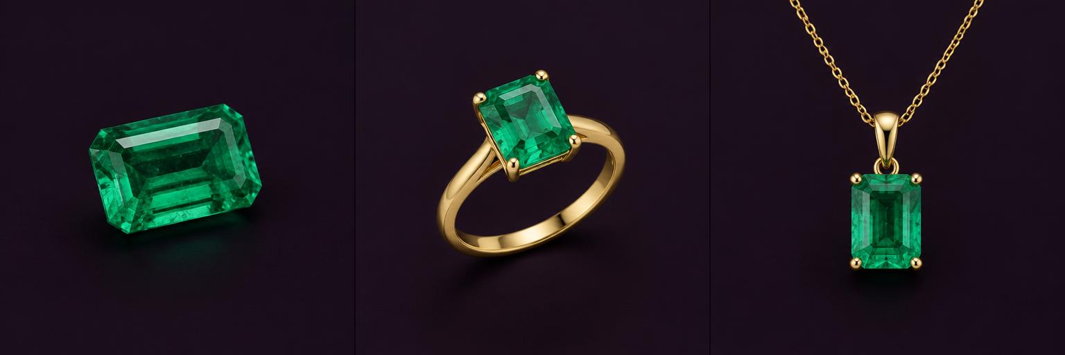 Emerald side angle, ring and pendant design illustrations